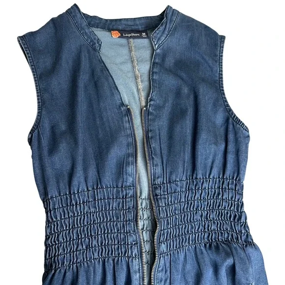 Indigo Poppy Denim Shirtdress Midi Elastic Waist Full Zip Sleeveless Women's M - Picture 5 of 8